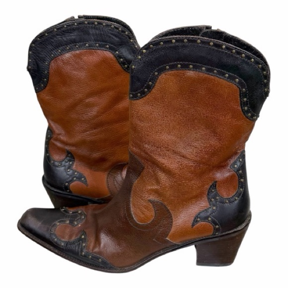 Vintage Stuart Weitzman Western Cowboy Boots Tri-Tone Leather Studded 8.5 - Picture 5 of 11